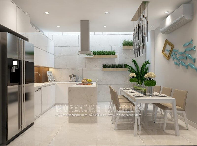 Mẫu tủ bếp gỗ công nghiệp nhẹ nhàng kết hợp màu trắng chủ đạo mang lại không gian nhà bếp hiện đại và rộng rãi hơn Thiết kế và sản xuất tủ bếp đẹp