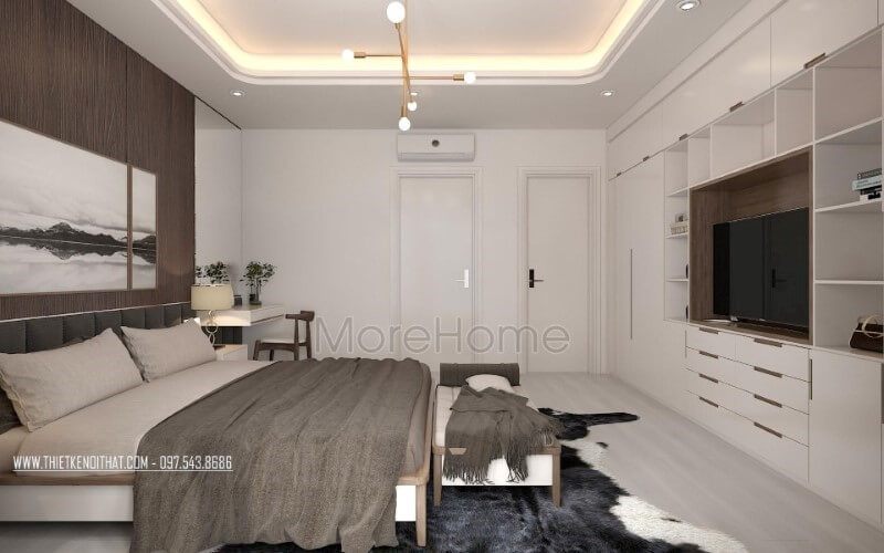Thiết kế phòng ngủ hiện đại đẹp, nhẹ nhàng sâu lắng với gam trắng từ tường kết hợp cùng gỗ óc chó sẫm màu ốp tường.