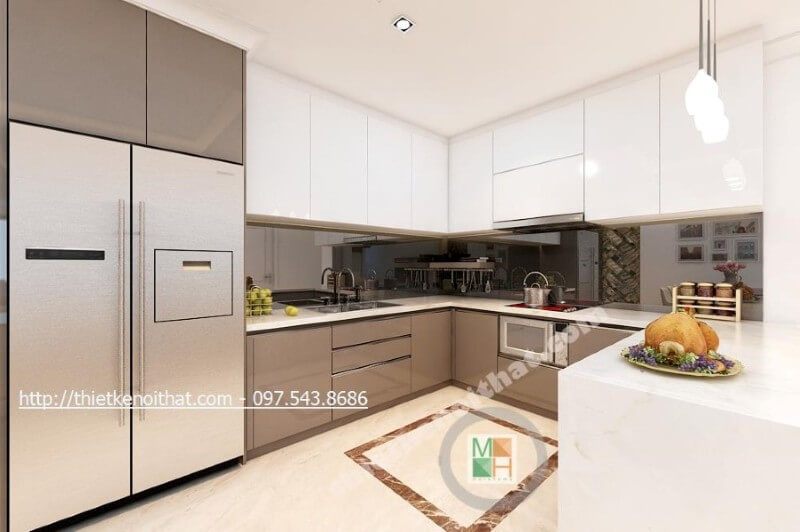 Kính ốp bếp tối màu được lựa chọn trong mẫu thiết kế nội thất này đảm bảo sự sạch sẽ, khó bắt bụi và dính bẩn hơn trong quá trình đun nấu