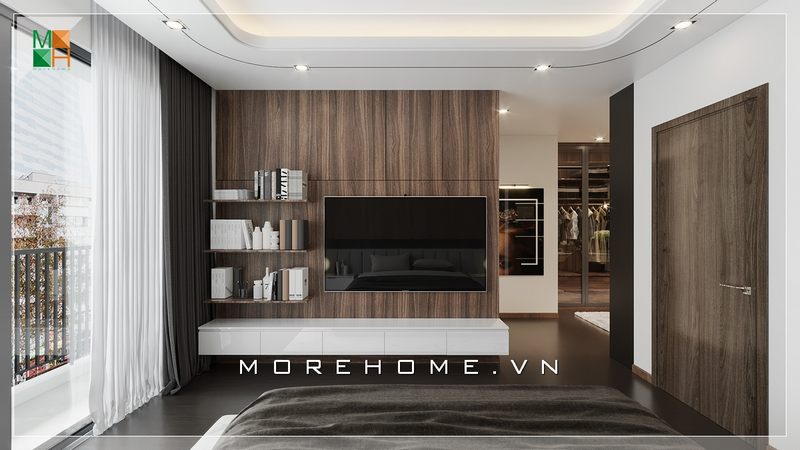 Ấn tượng với mẫu gỗ ốp tường sau tivi tăng vẻ tiện nghi cho phòng ngủ